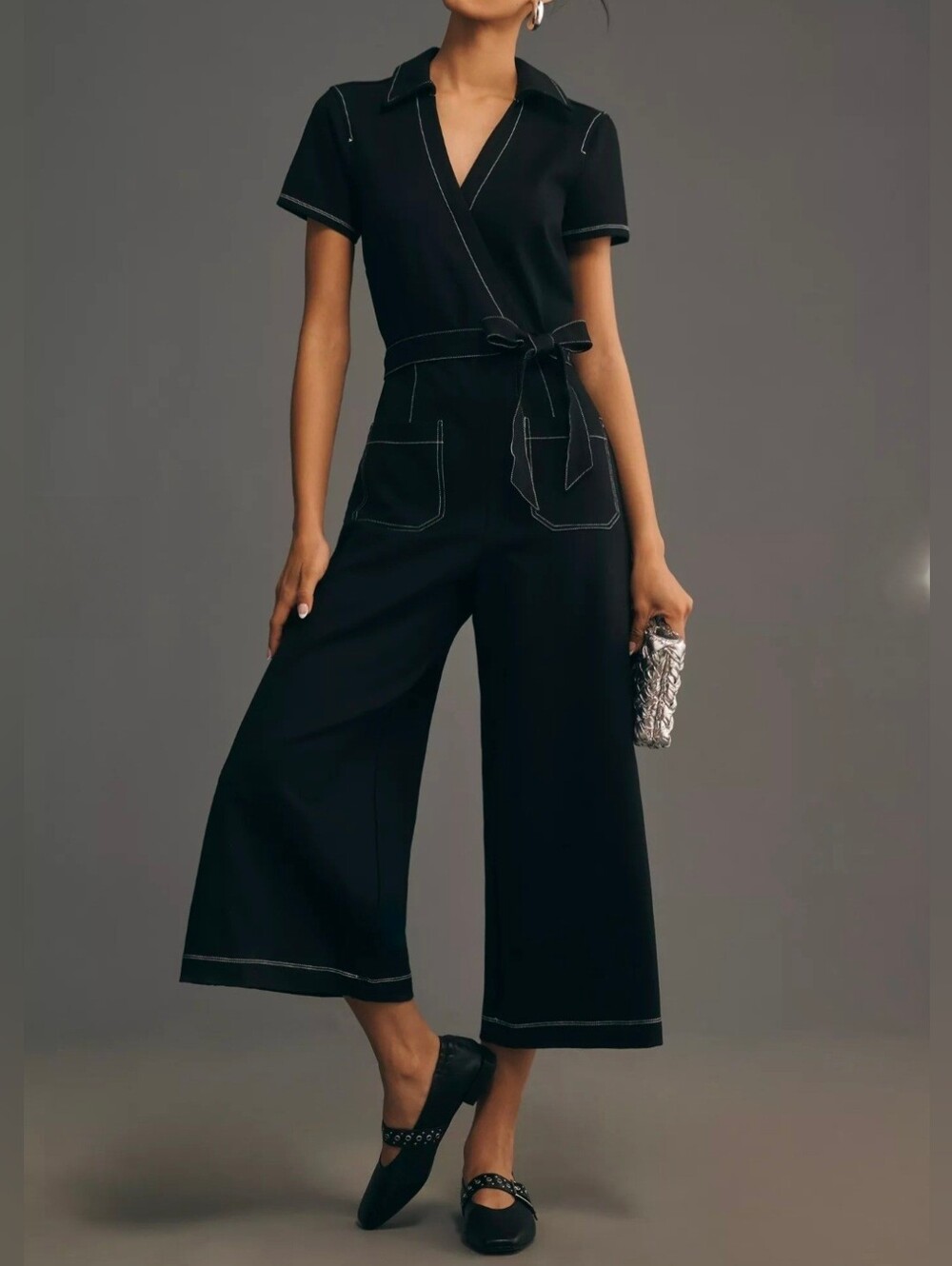NWOT Anthropologie Maeve 8 Colette Wrap Culotte Jumpsuit Black Denim Belted Wide